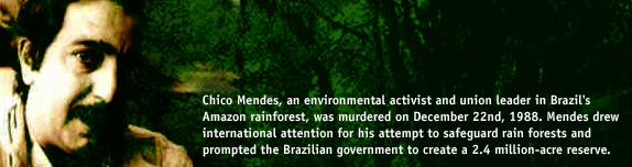 Chico Mendes, an environmental activist and union leader in Brazil's 
Amazon rainforest, was murdered on December 22nd, 1988. Mendes drew 
international attention for his attempt to safeguard rain forests and 
prompted the Brazilian government to create a 2.4 million-acre reserve.