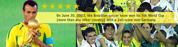 On June 30, 2003, the Brazilian soccer team won its 5th World Cup (more than any other country) with a 2x0 score over Germany.