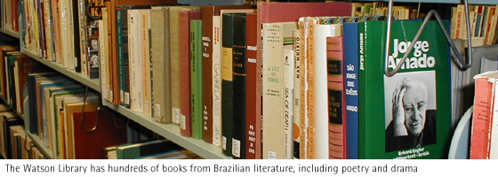Picture of many Brazilian books in shelves - The Watson Library has hundreds of books from Brazilian literature, including poetry and drama.